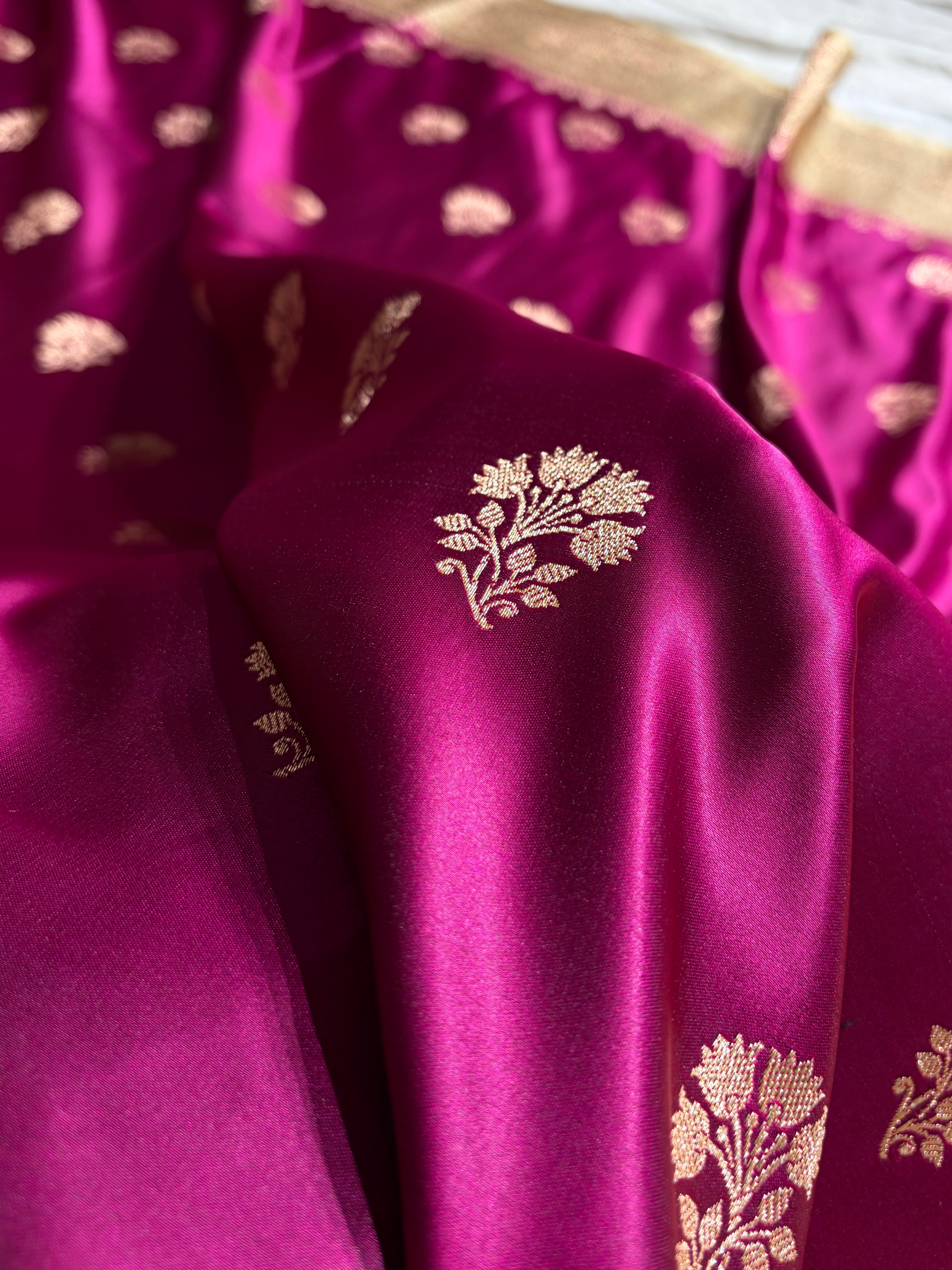 Wine - Cream Banarasi Boota Katan Silk Saree SKM29