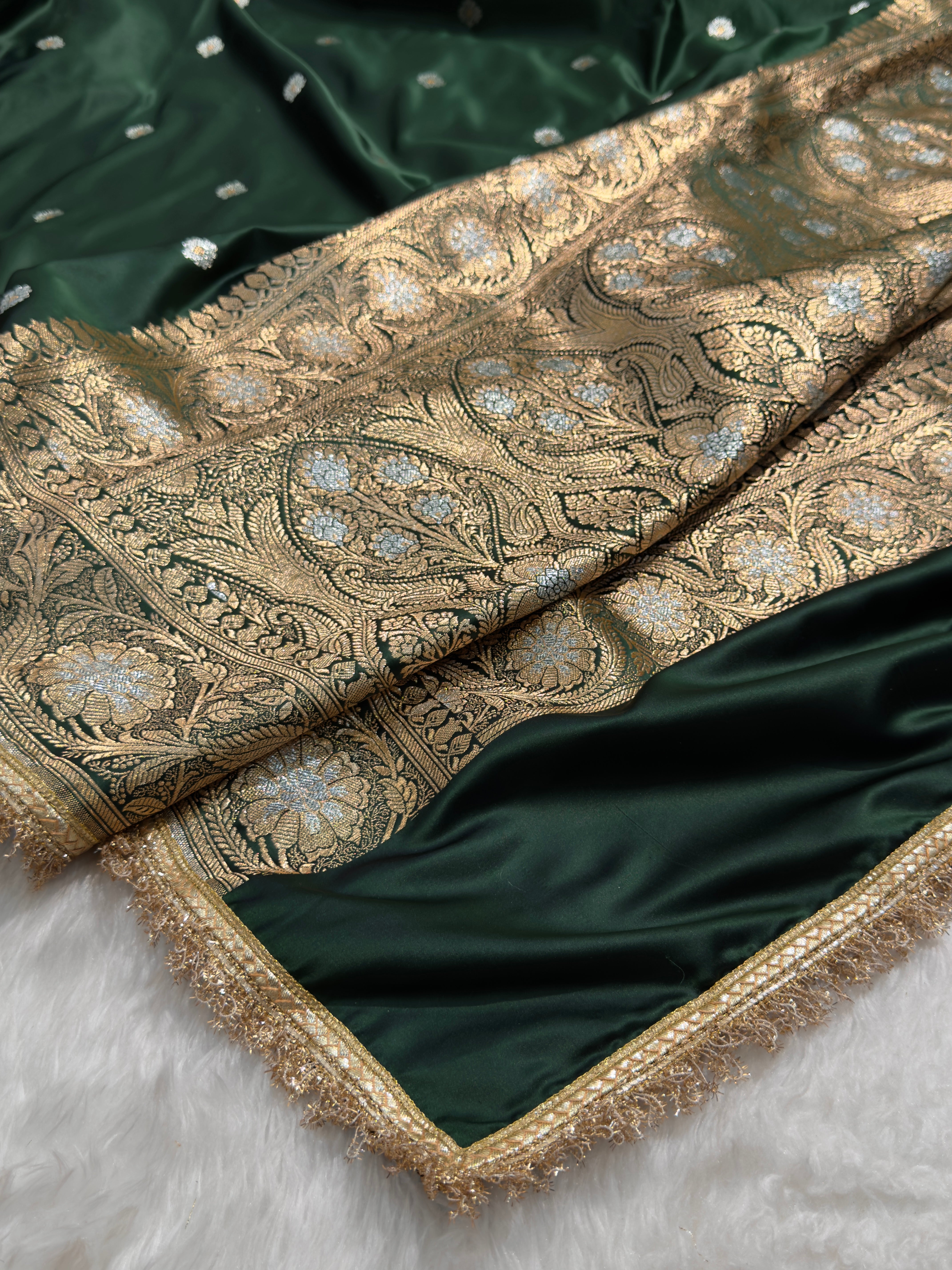 Bottle Green Mashru Silk Banarasi Saree with Gotta Patti | SKU - MSGP11