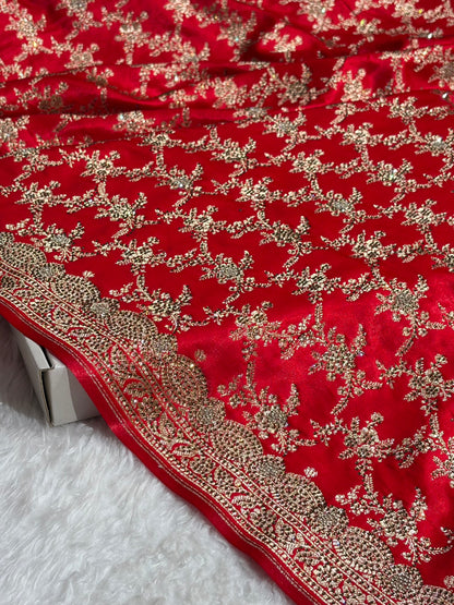 Bridal Red Satin Silk Jaal with Swarovski Stone Work & brocade Blouse BSS16