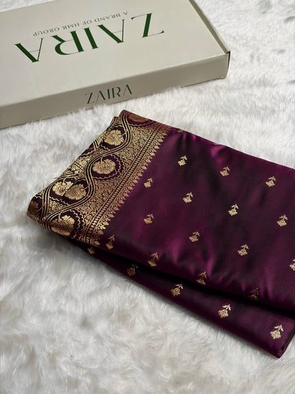 Wine Booti Pattern Satin Katan Silk Saree SK54