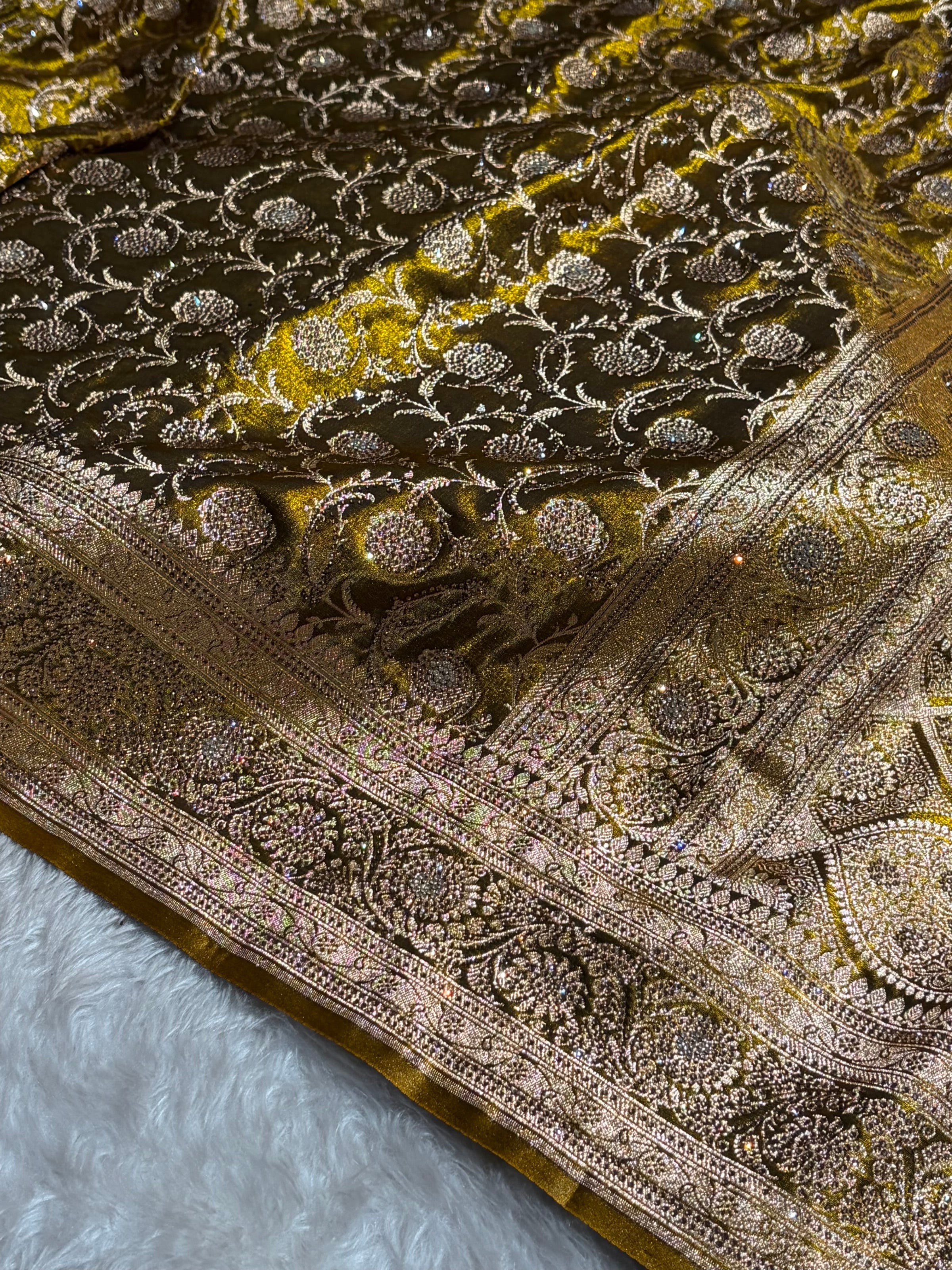 Ultra Light Weight Satin Silk Jaal With Swarovski Work in Mehendi Shades BSS13
