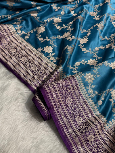 Banarasi Contrast Firozi With Purple Shades Floral Jaal Mashru Silk Saree MCS07
