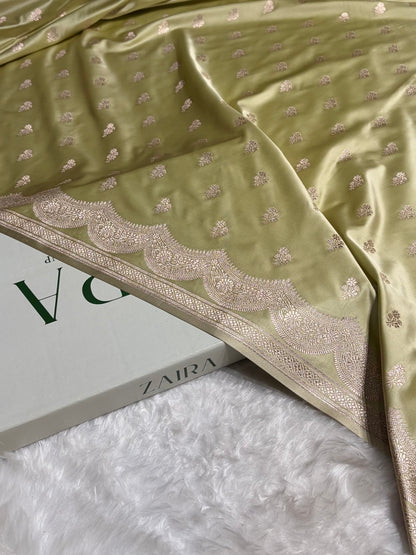 Pista Scallop Booti Mashru Silk Banarasi Saree MSM-35