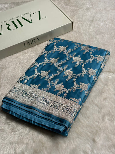 Sky Blue Floral Jaal Mashru Silk Saree  MCS28
