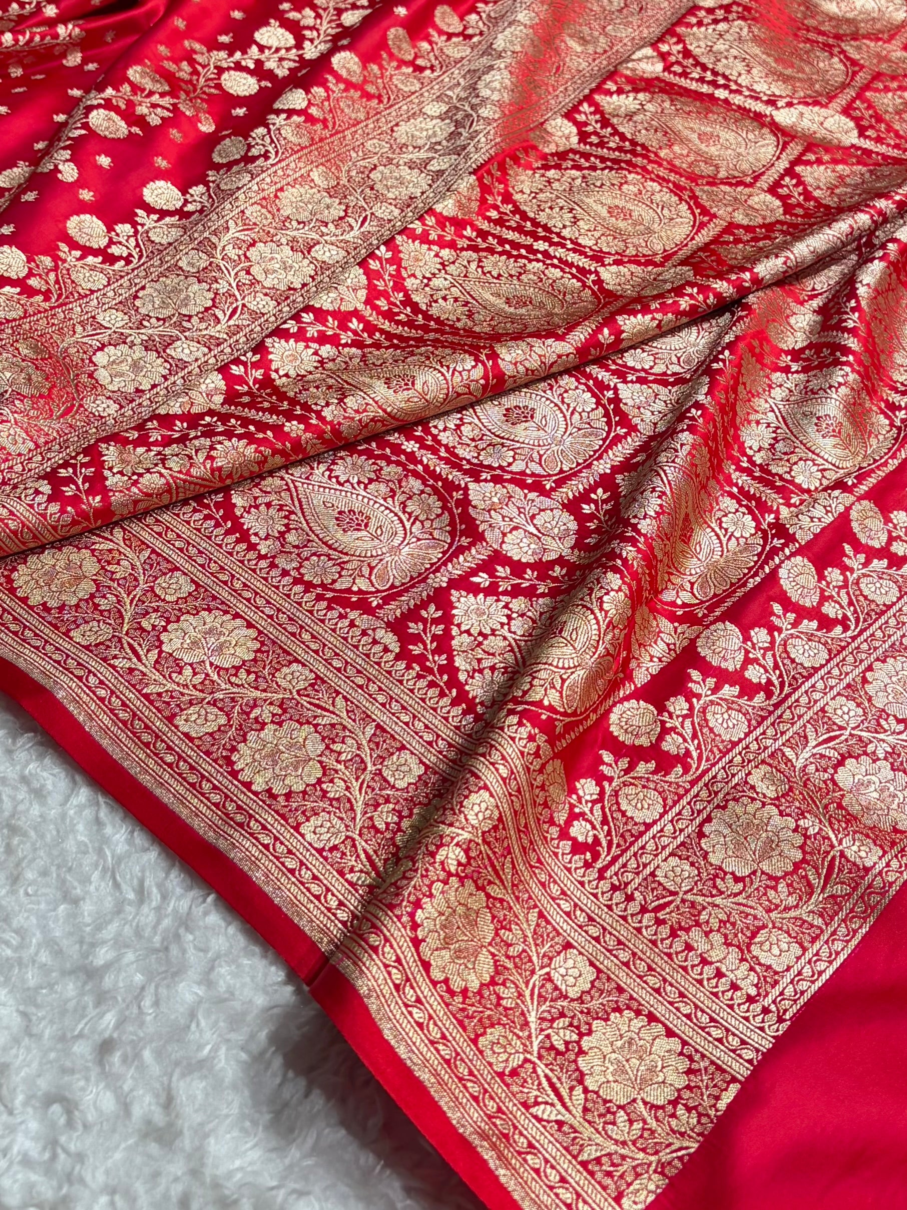 Banarasi Satin Katan Saree With Boota in Magnetic Red Shades SK114