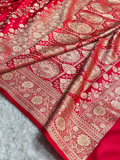 Banarasi Satin Katan Saree With Boota in Magnetic Red Shades SK114