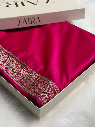 Rani Shades Plain Banarasi With Minakari Ari Zardozi Work Floral Border Mashru Silk Saree BMCS123