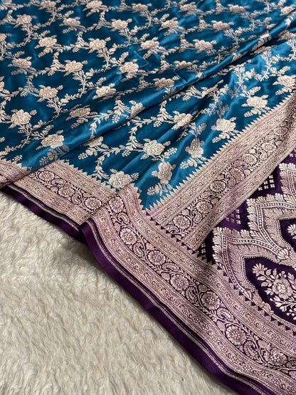 Contrast Firozi With Purple Floral Jaal Mashru Silk Saree MS28
