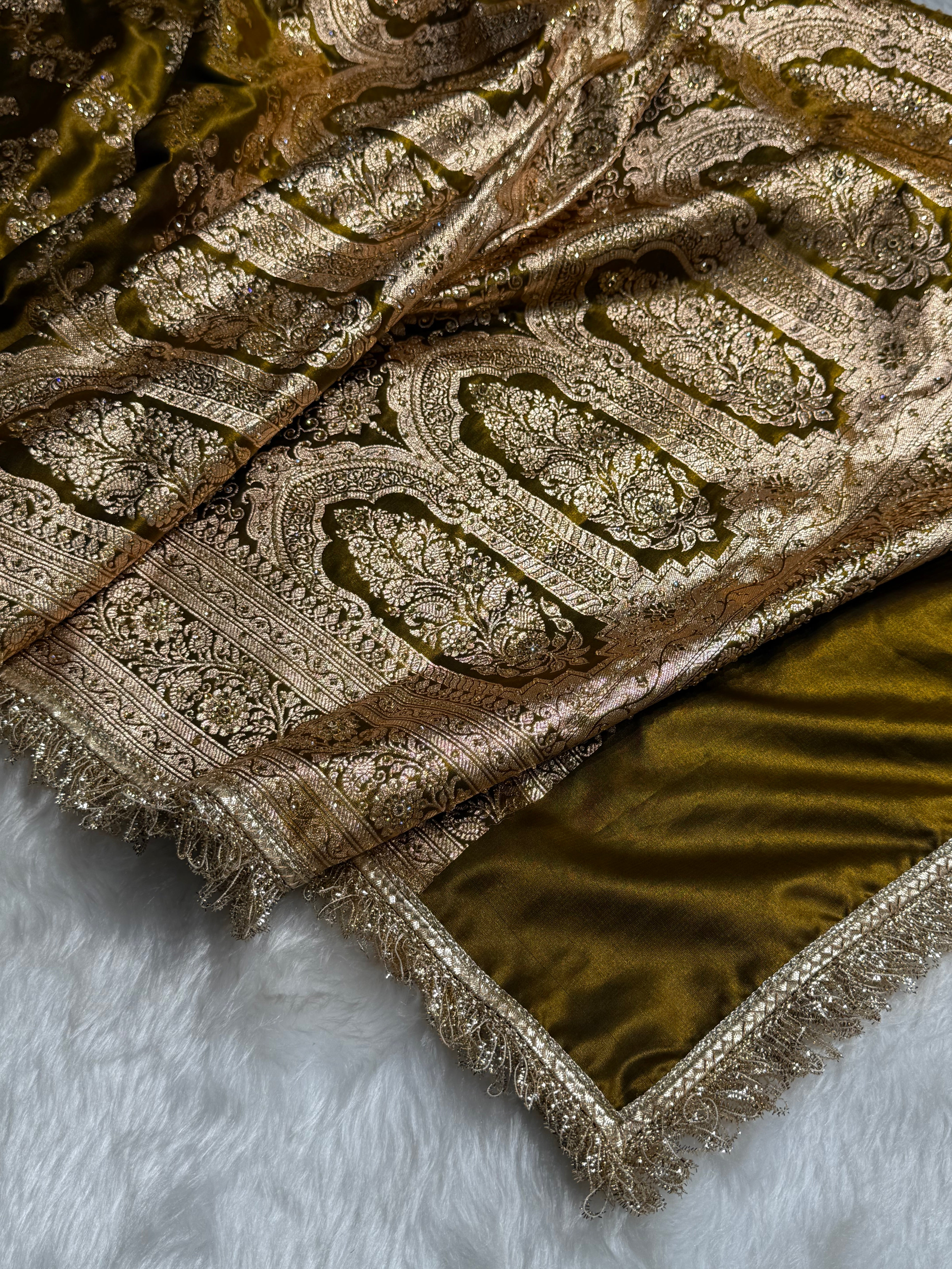 Bridal Mehandi Gold Cross Satin Silk with Ari and Stone work