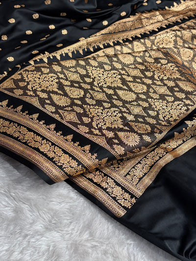 Banarasi Cross Black Floral Pattern Satin Katan Silk Saree SK76