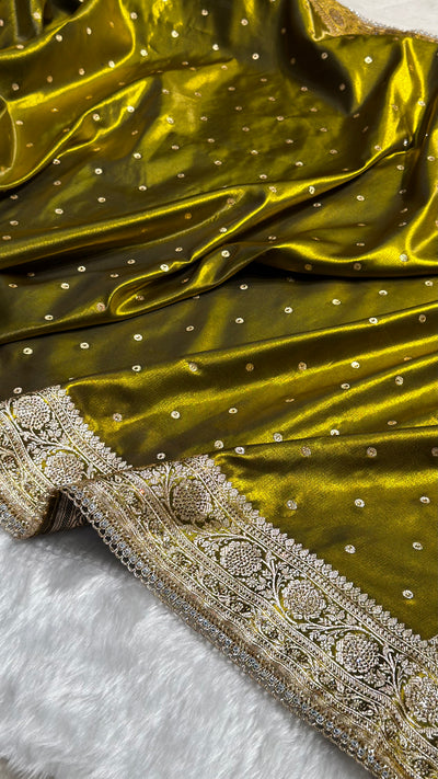 Satin Silk Dot Booti in Mehandi Shades with Swarovski work & Gotta Patti BSSGP08