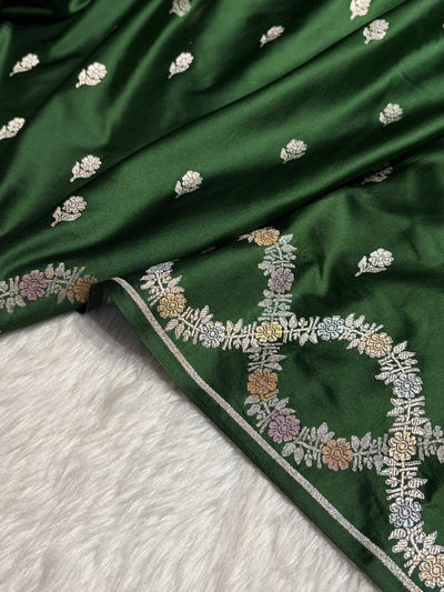 Bottle Green Minakari Scallop Floral Booti Mashru Silk Saree MCS46