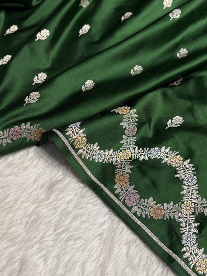 Bottle Green Minakari Scallop Floral Booti Mashru Silk Saree MS46