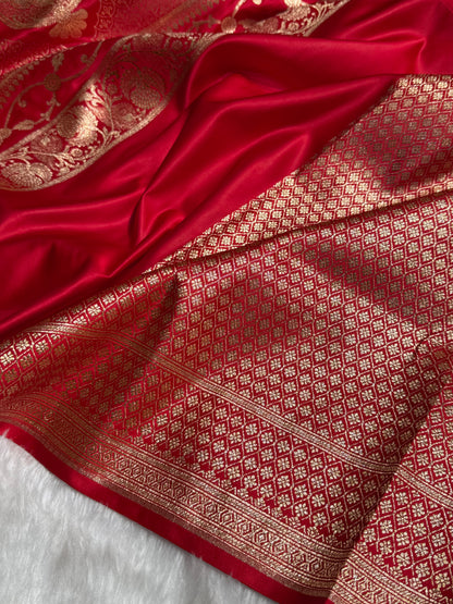Red Strip Floral Boota Pattern Satin Katan Silk saree SK39