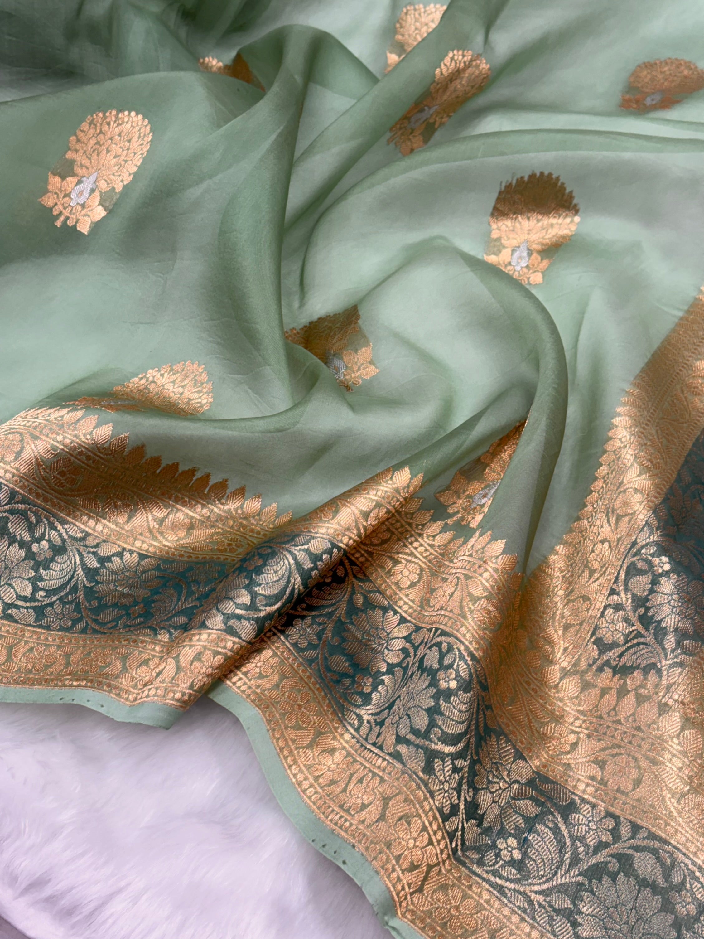 Pure Organza Light Green Meena Floral Banarasi Silk Saree PO-04
