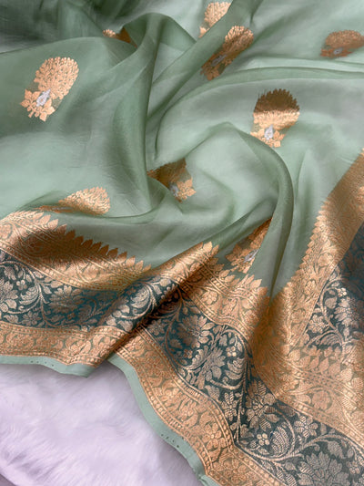 Pure Organza Light Green Meena Floral Banarasi Silk Saree PO-04