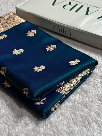 Peacock Shades Minakari Boota Pattern Banarasi Satin Silk Saree SS44