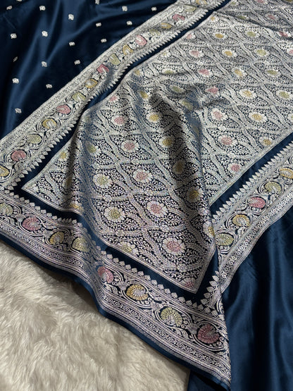 Banarasi Dark German Blue Booti Mashru Silk Saree MS10