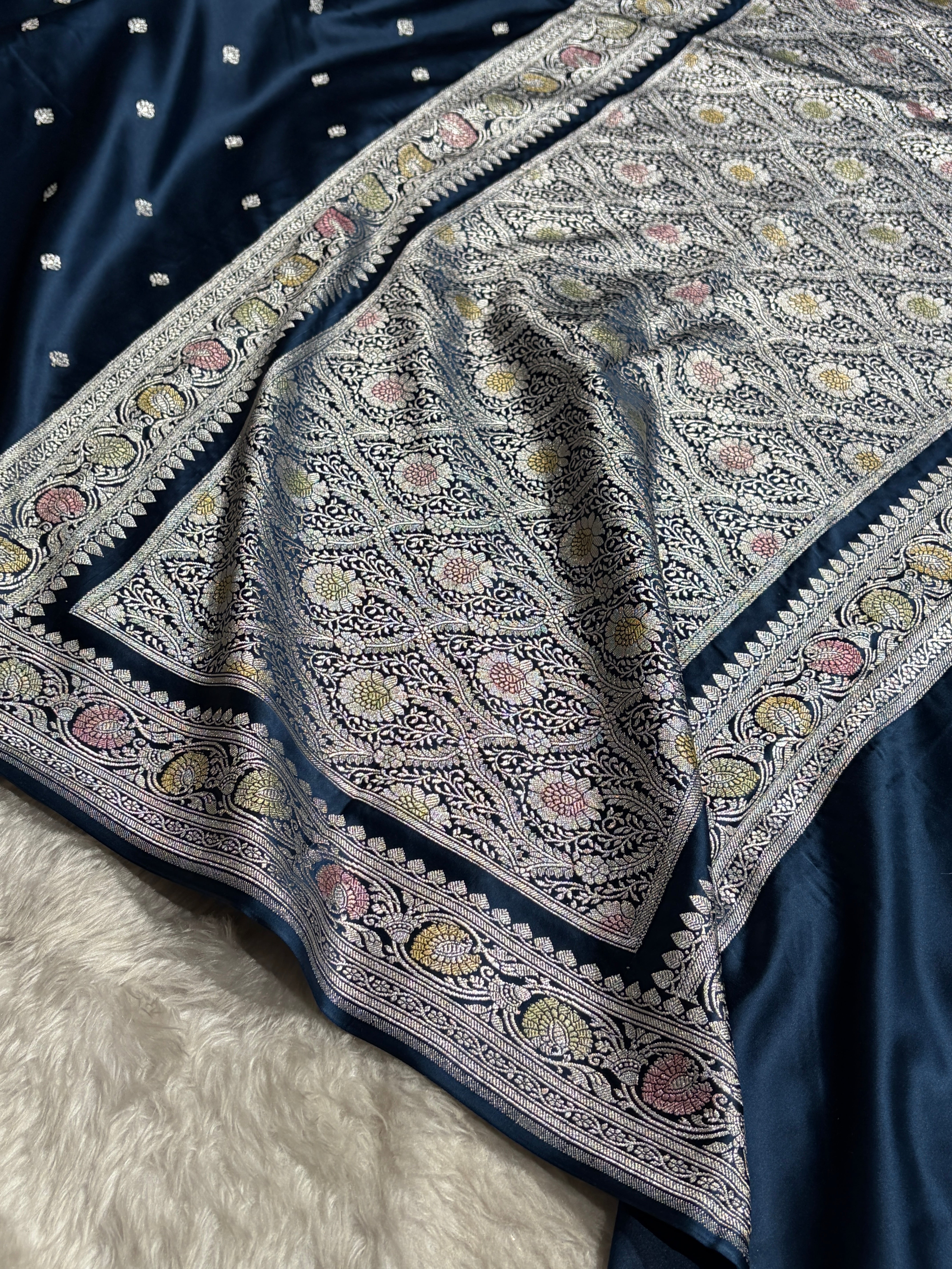 Banarasi Dark German Blue Booti Mashru Silk Saree MS10