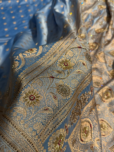 Banarasi Satin Katan Silk Saree With Ari Zardozi And Swarovski Work In Pastel Firozy Shades BSK08