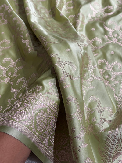 Pastel Pista Shades Banarasi With Floral Jaal Pattern Mashru Silk Saree MSM-134