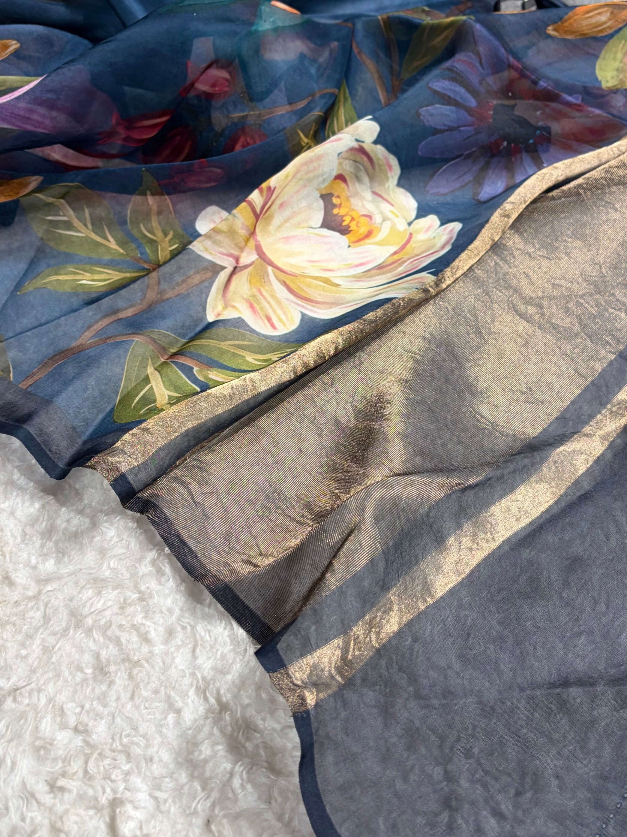 Navy Blue Organza with Pastel Multicolor Florals POP10