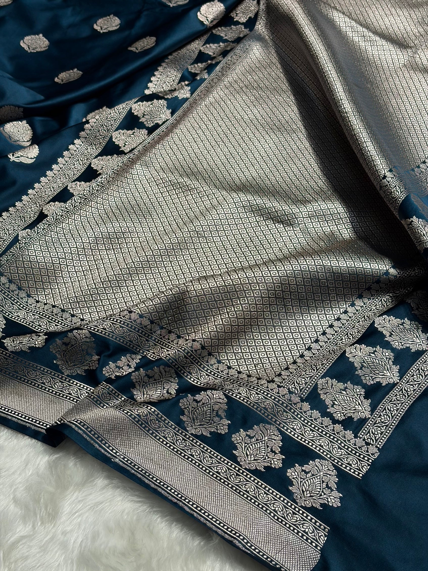 German Blue Boota Motif Mashru Silk Saree MS43