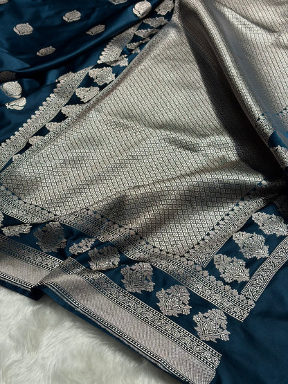 German Blue Boota Motif Mashru Silk Saree MS43