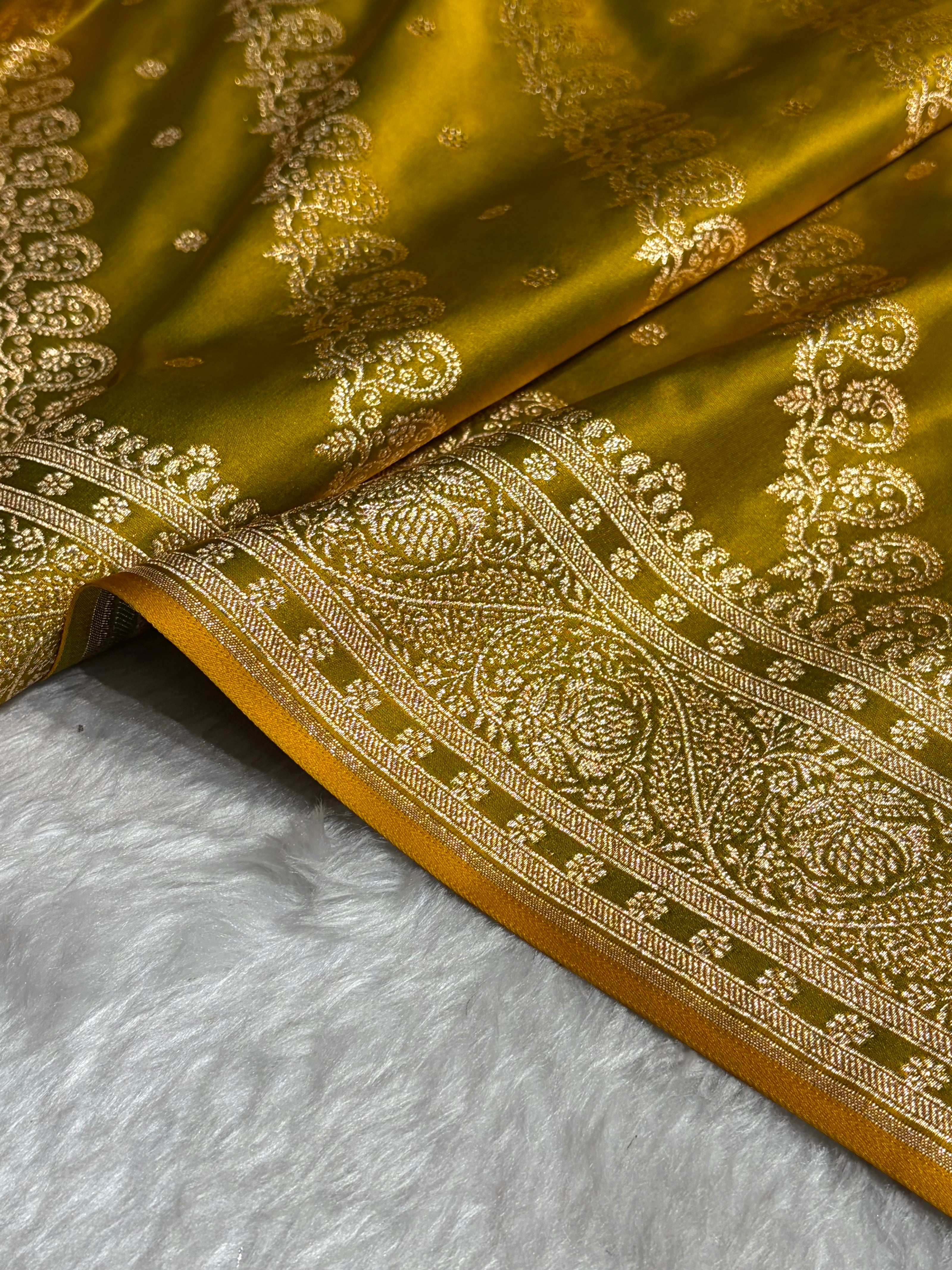 Liril Mahendi Shades Cross Floral Pattern Satin Katan Silk Saree SK79