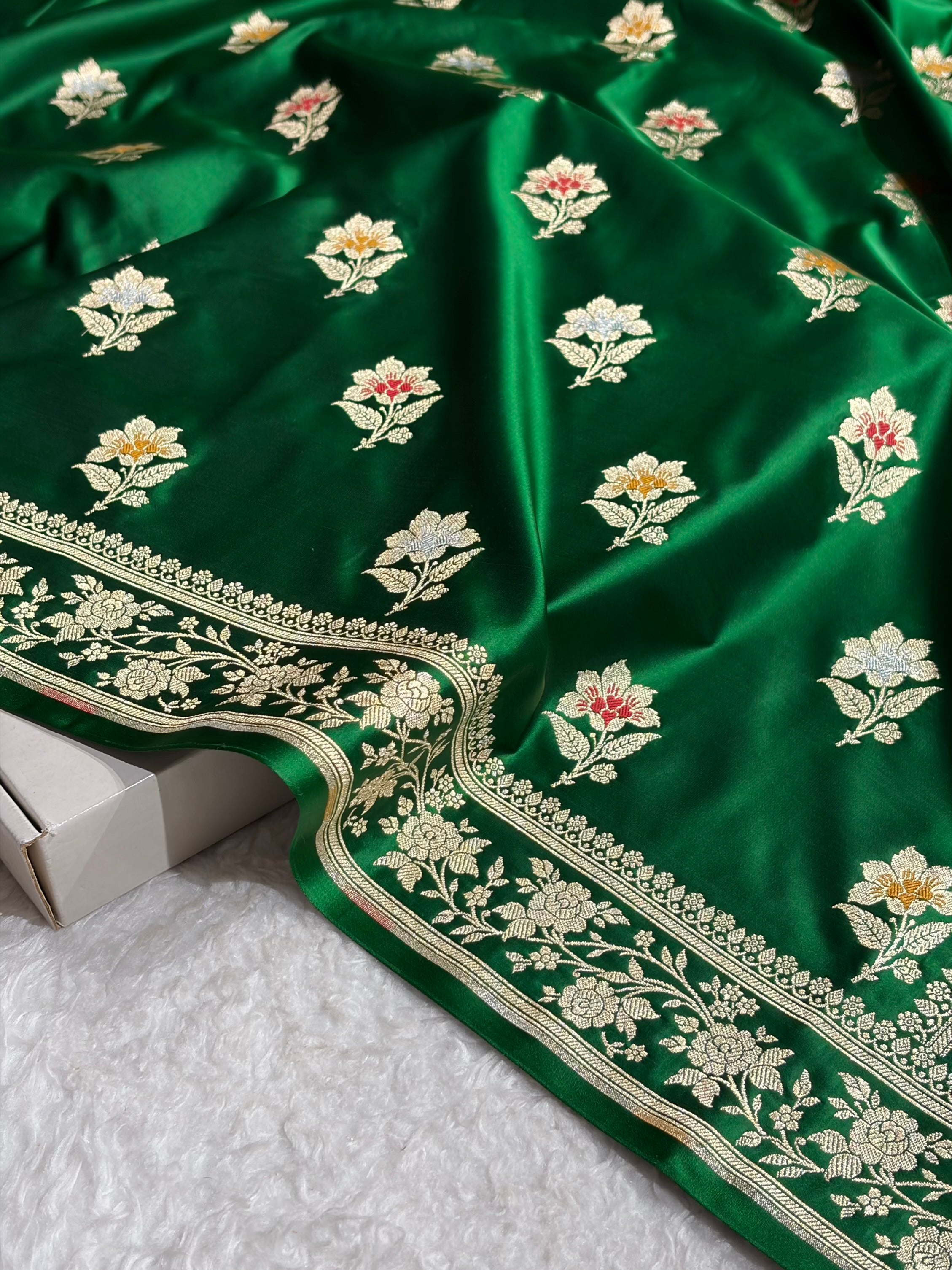 Premium Banarasi Satin Katan Saree With Minakari Boota in Bottle Green Shades SK112