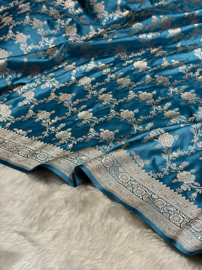 Sky Blue Floral Jaal Mashru Silk Saree  MS28