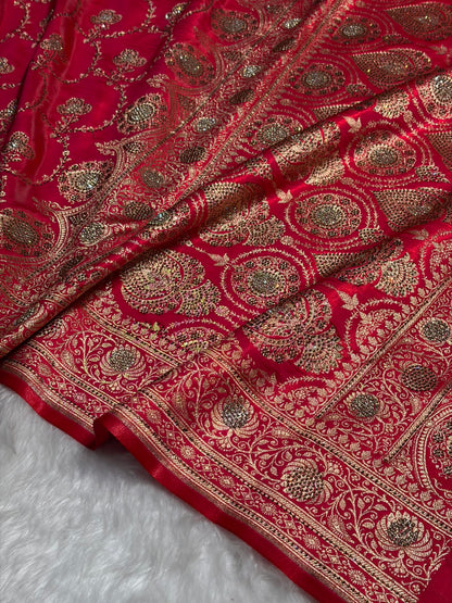 Satin Silk Saree Jaal in Pinkish Red Shades With Swarovski Work BSS23