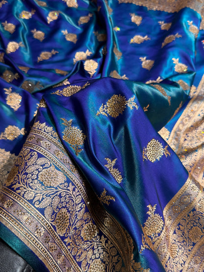 Satin Silk Saree Swarovski Work Floral Boota in Peacock Shades BSS26
