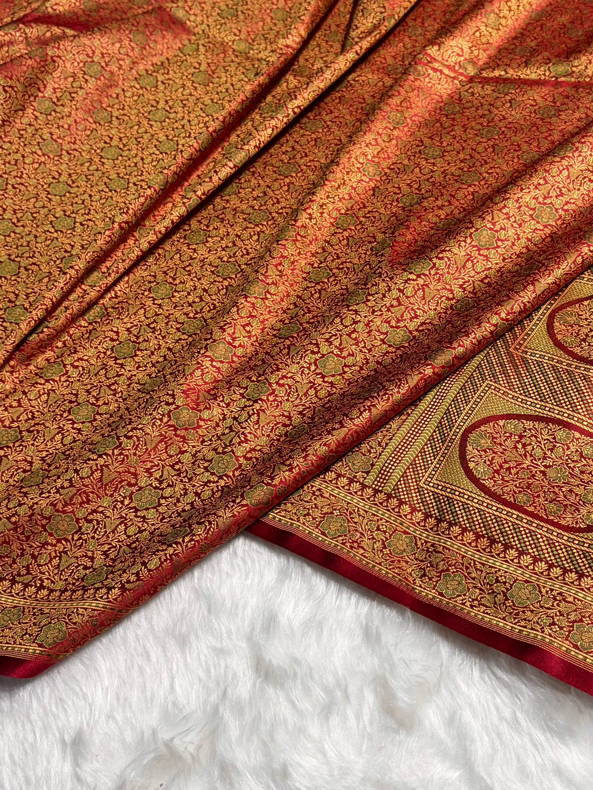 Greenish Maroon Jamawar Tanchoi Katan Silk Saree SKTM-14