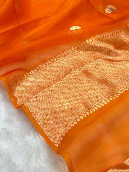 Pure Banarasi Organza Orange Shades With Minakari Floral Banarasi Silk Saree PO-23