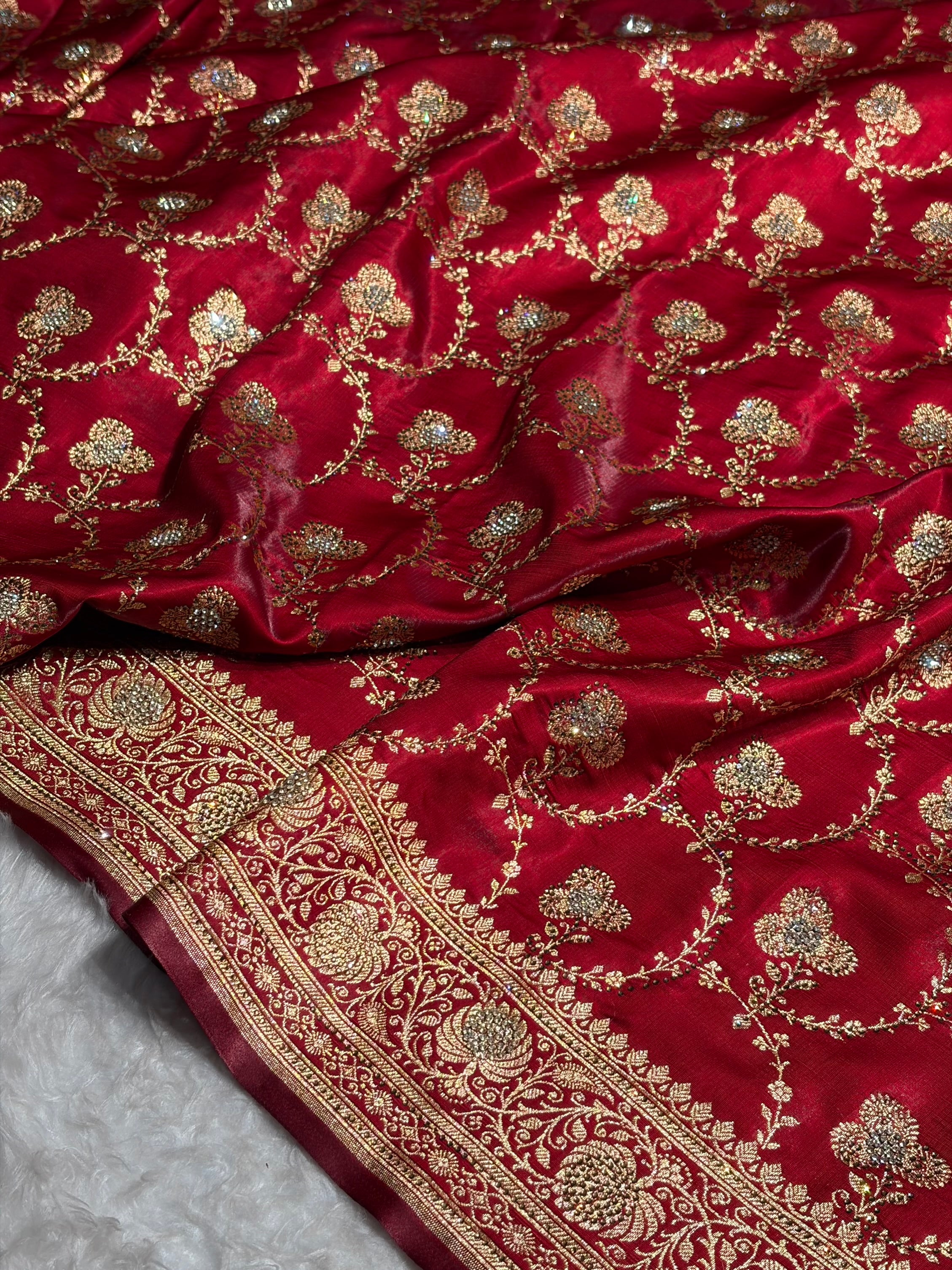 Satin Silk Saree Banarasi Swarovski Work Jaal in Maroon Shades BSS23 (R)