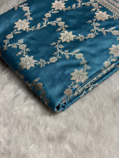 Sky Blue Shades Jaal Pattern Floral Jaal Mashru Silk Saree MS07