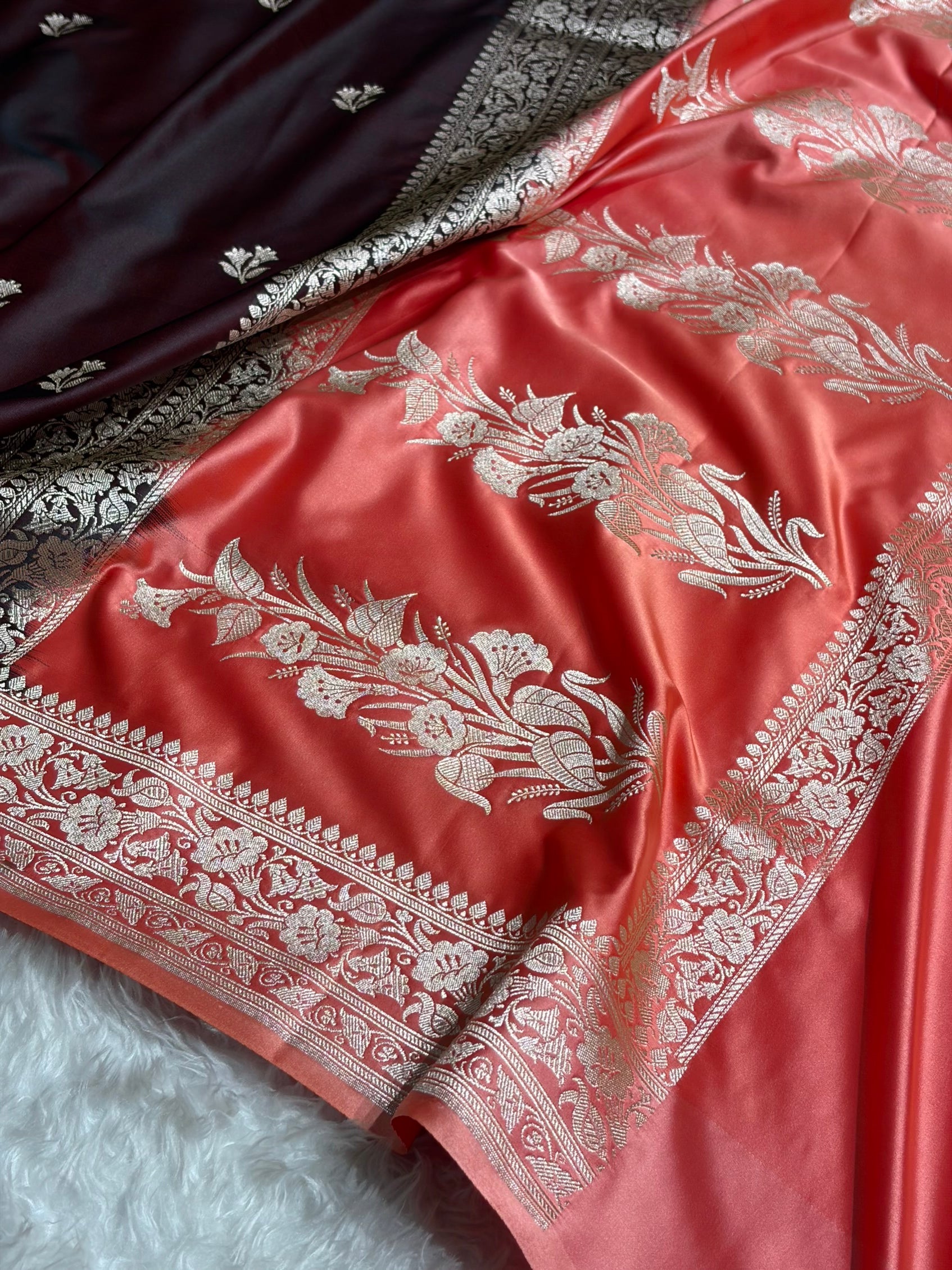 Contrast Garnet / Peach Shades Banarasi Booti Pattern Mashru Silk Saree MSM-138