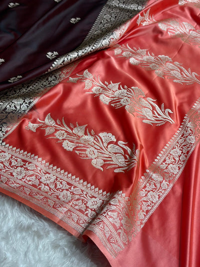 Contrast Garnet / Peach Shades Banarasi Booti Pattern Mashru Silk Saree MSM-138