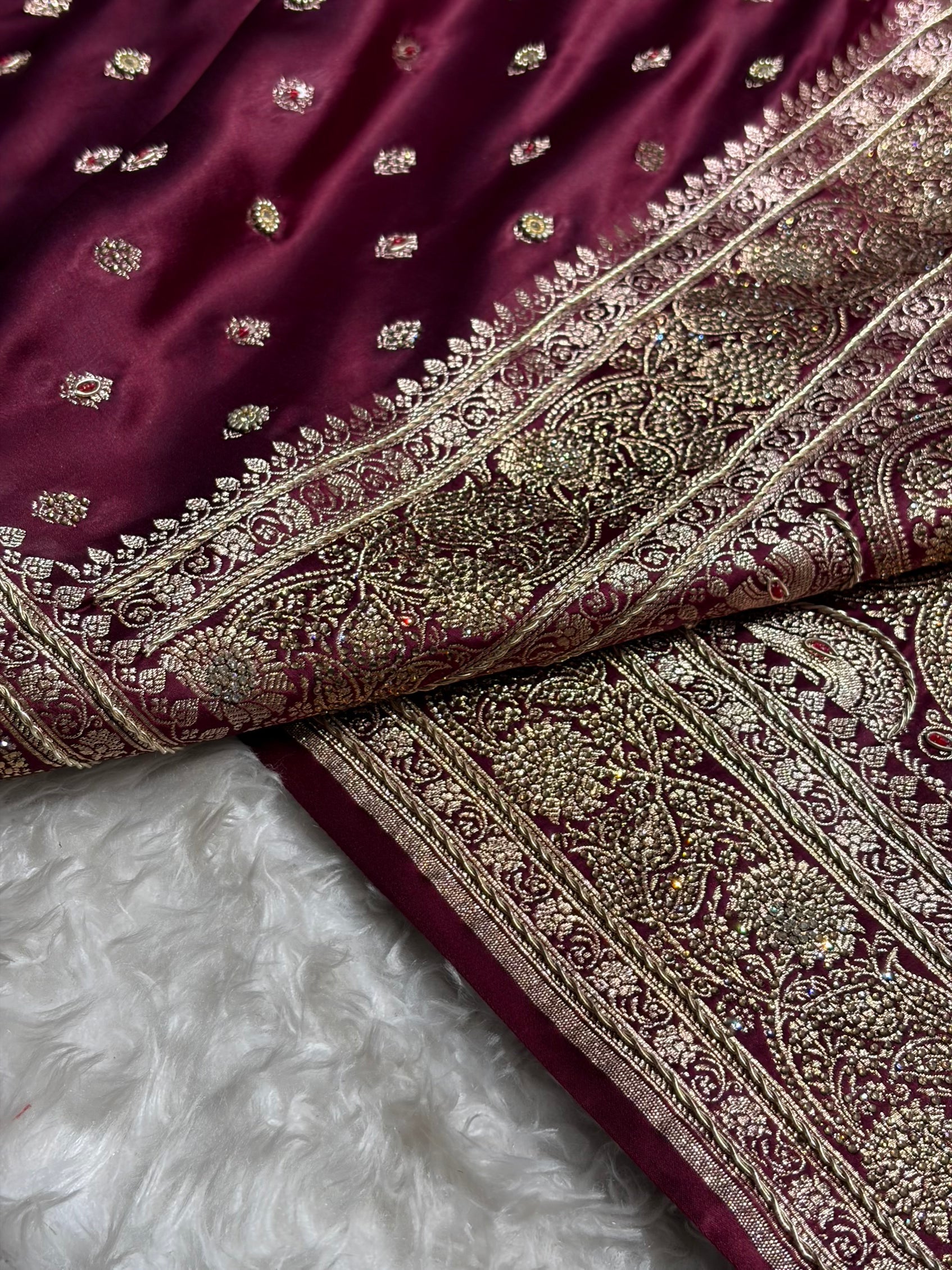 Banarasi Chocolate Booti Pattern With Ari Zardozi Stone Work Satin Katan Silk Saree BSK53