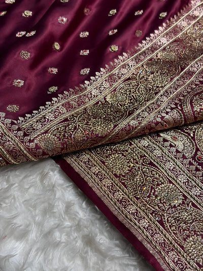 Banarasi Chocolate Booti Pattern With Ari Zardozi Stone Work Satin Katan Silk Saree BSK53