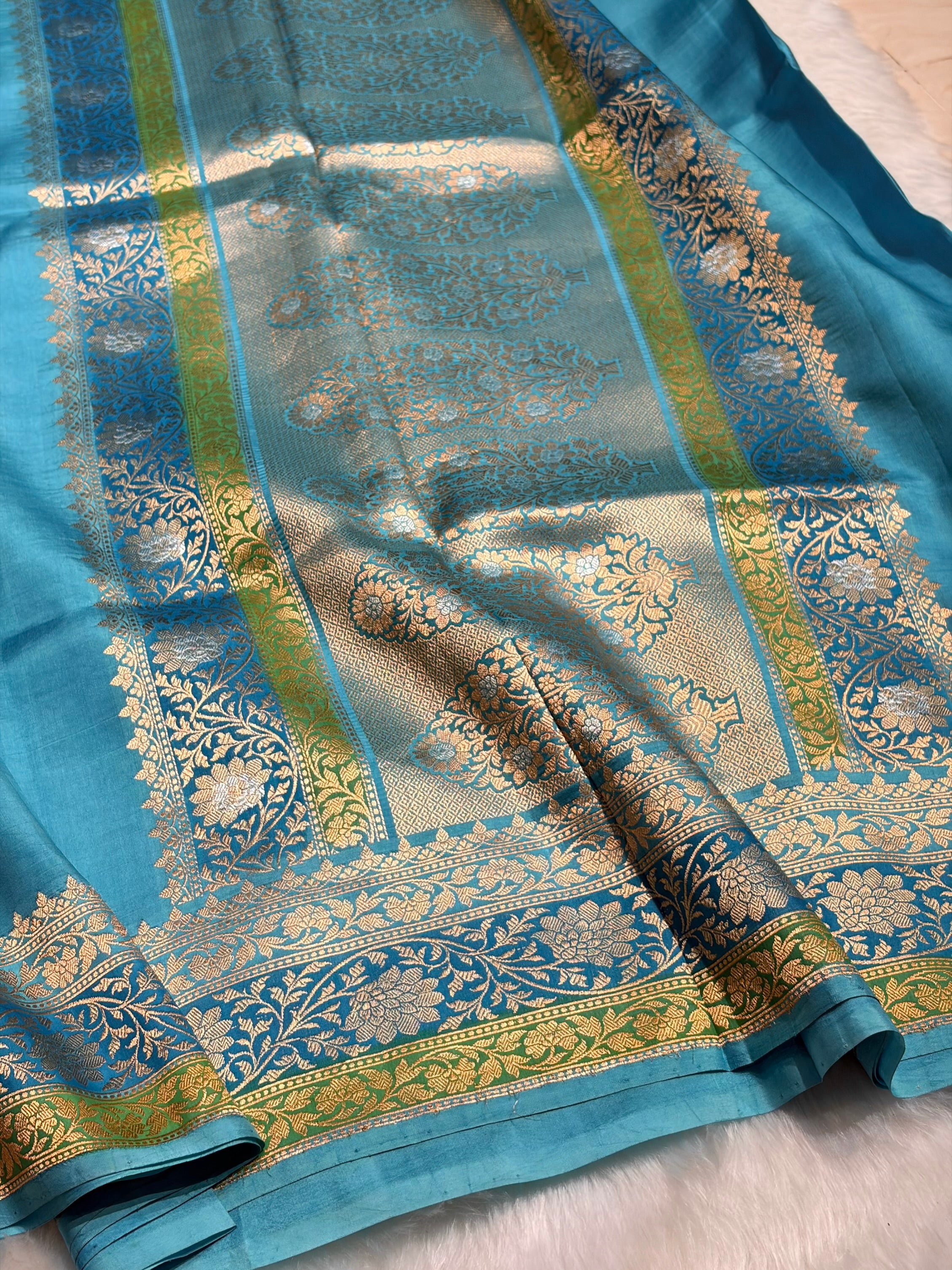Firozi Shades Boota Handwoven Pure Katan Raw Mango Silk RM-18