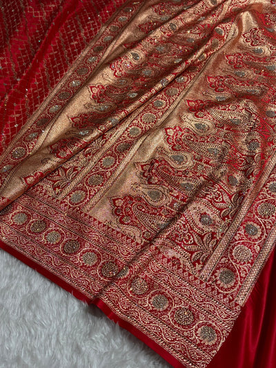 Red Banarasi Brocade With Swarovski Work Soft Katan Silk Saree - BSK44