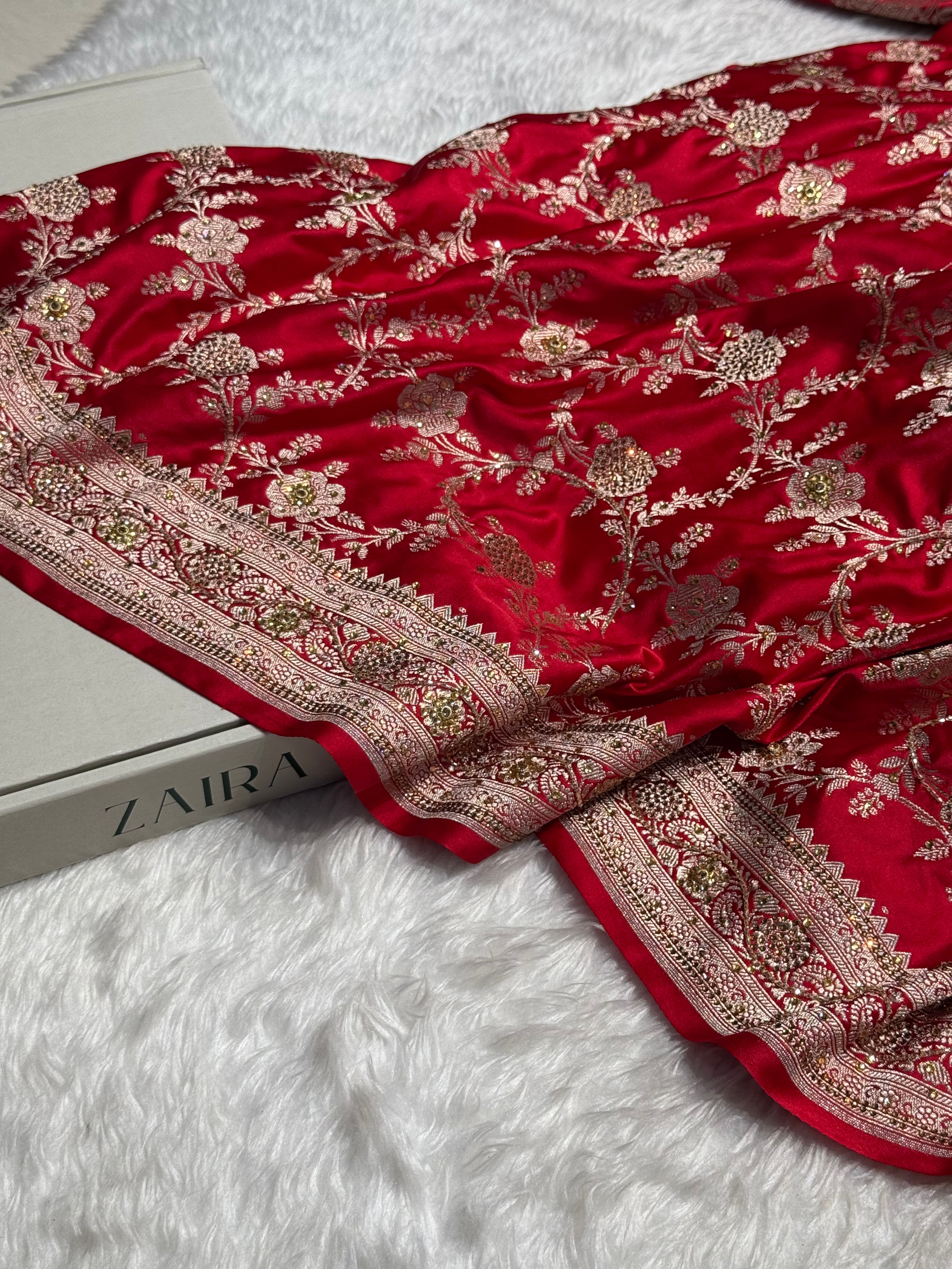 Red Mashru Silk with Ari and swarovski work