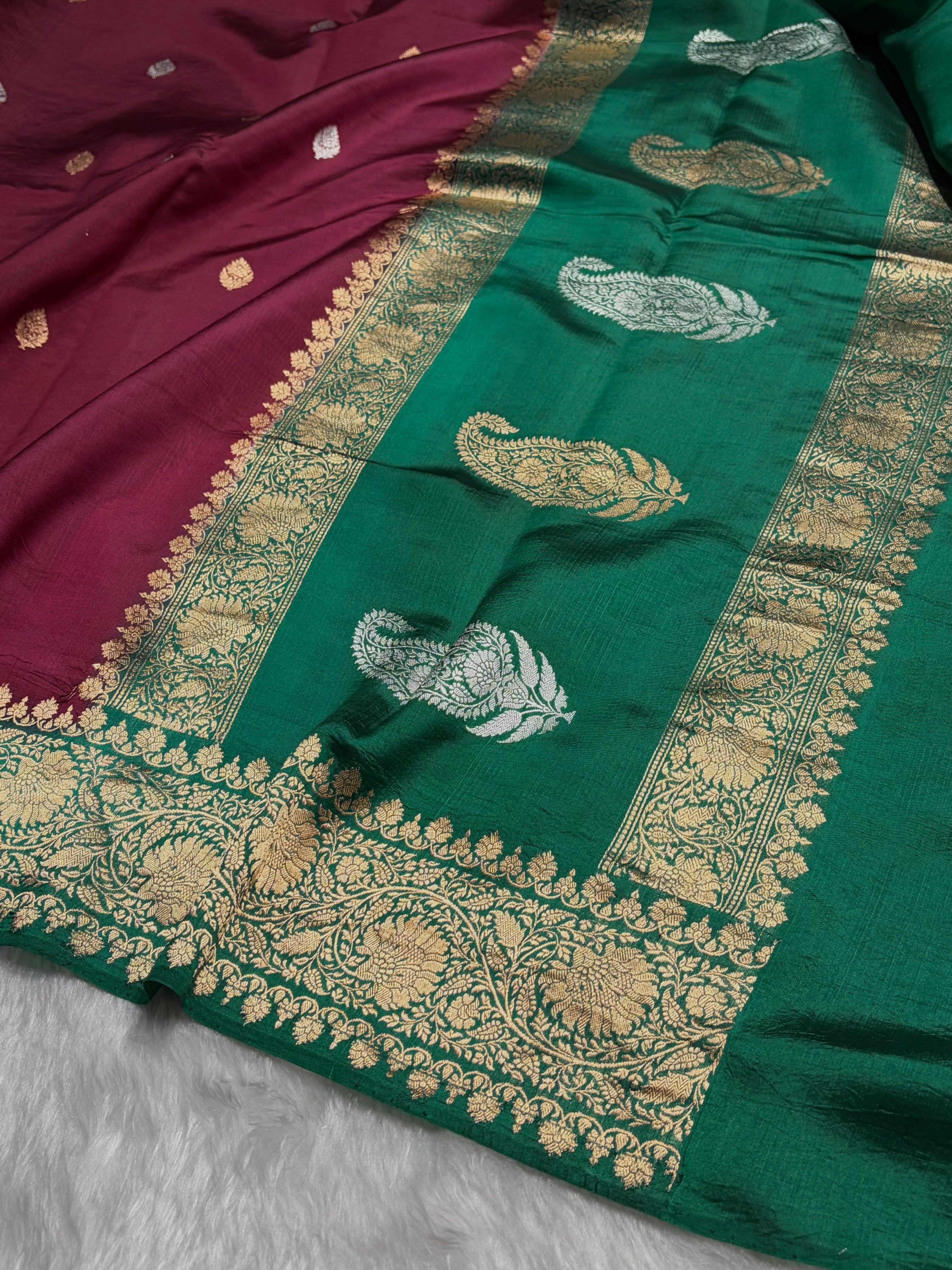 Contrast Wine With Bottle Green Boota Handwoven Pure Katan Raw Mango Silk RM-33