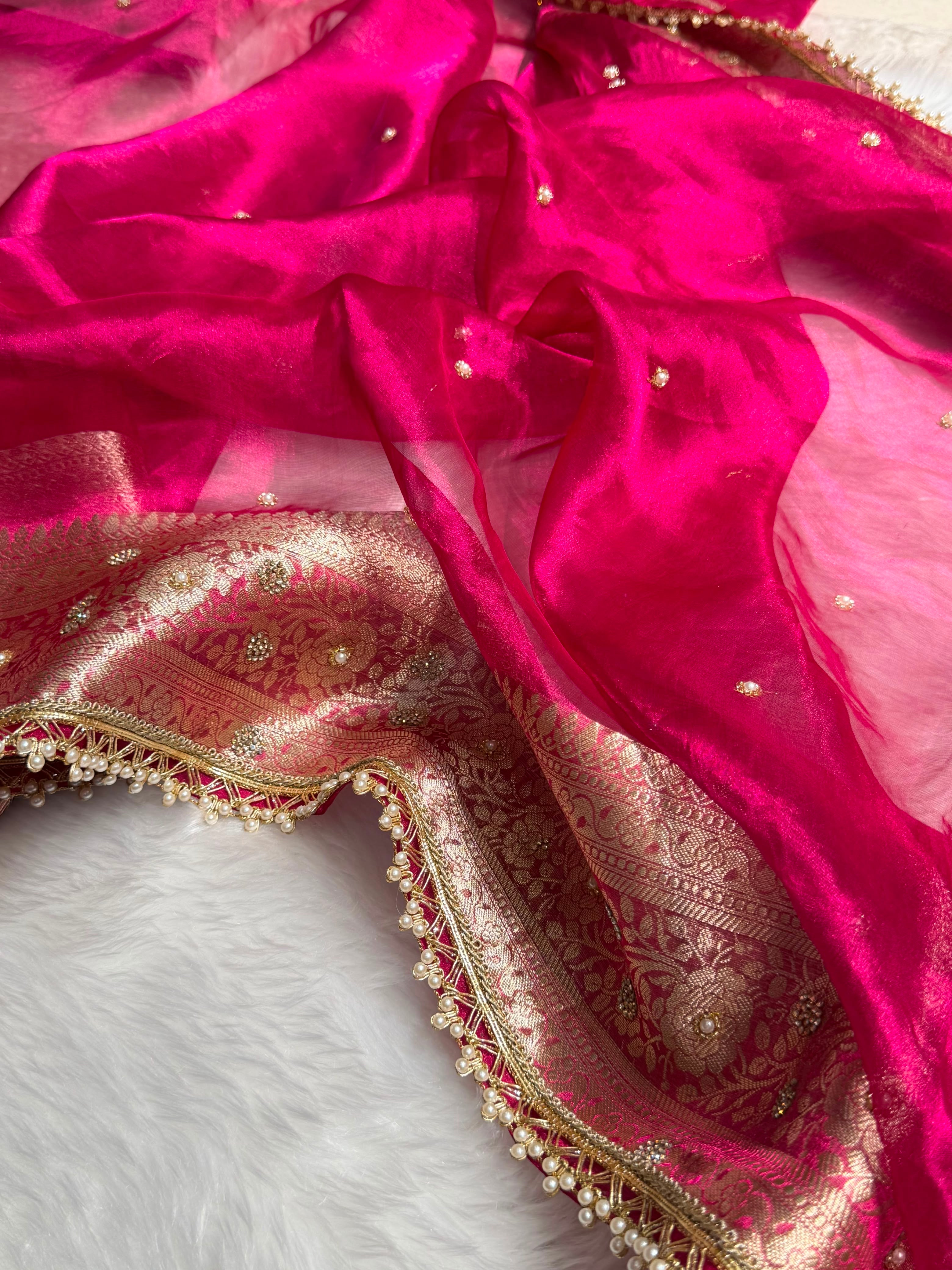Rani Pink Shades Pure Tissue Silk With Banarasi Swarovski Work Saree with Brocade Blouse BPGPT-08