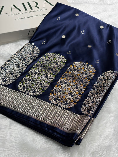 Peacock Shades Banarasi With Floral Minakari Pattern Mashru Silk Saree MSM-131
