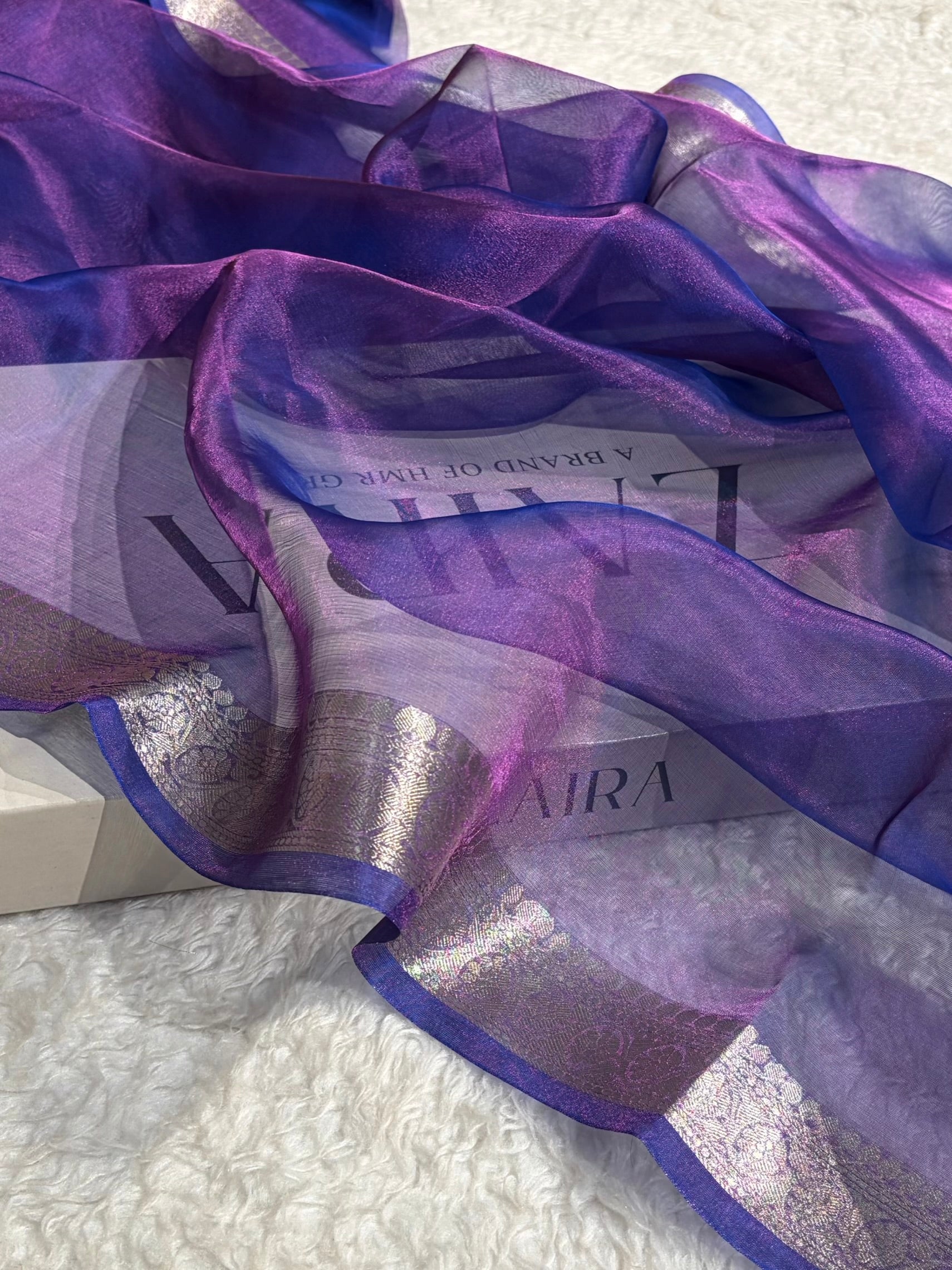 Pinkish Royal Blue Shades Pure Tissue Silk Saree with Brocade Blouse PT-09