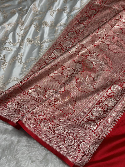 White with Red Contrast Jaal Mashru Silk Saree MCS23