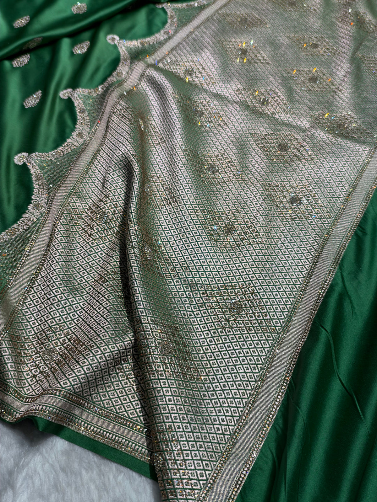 Bottle Green Shades Scallop With Swarovski Work Mashru Silk Saree BMCS20